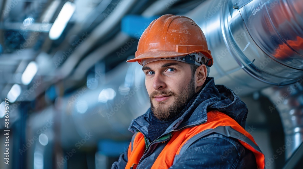 A man in an orange safety vest and hard hat stands in front of a pipe A man in an orange safety vest and hard hat stands in front of a pipe