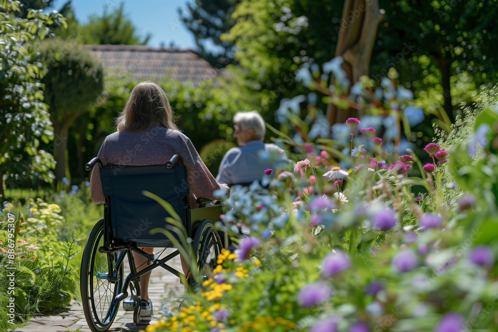 Elderly women in wheelchairs enjoying a garden walk. Celebrating positive aging and outdoor activities. Shared experiences of different ages. Elderly women in wheelchairs enjoying a garden walk. Celebrating positive aging and outdoor activities. Shared experiences of different ages.