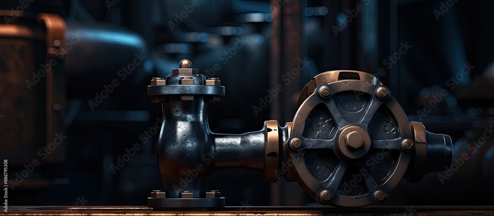 Close-up view of an industrial valve and air ventil with flanges against a dark steampunk background, offering copy space for images. Close-up view of an industrial valve and air ventil with flanges against a dark steampunk background, offering copy space for images.