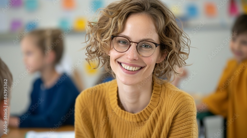 Teacher smiling while helping students with a project in a vibrant classroom representing education, guidance, and a love for teaching Portrait, Realistic Photo, High resolution, Half-body picture, , Teacher smiling while helping students with a project in a vibrant classroom representing education, guidance, and a love for teaching Portrait, Realistic Photo, High resolution, Half-body picture, ,