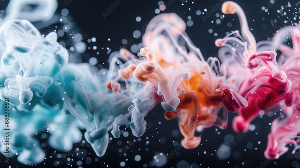 Obraz premium This image highlights dynamic colorful ink swirls with sparkling droplets, creating a vibrant and lively abstract visual that highlights the interaction of colors and textures through fluid motion.