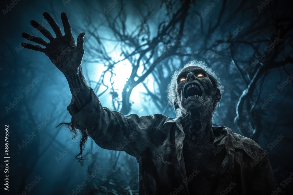 A terrifying undead zombie reaches out in an abandoned graveyard under the moonlight. Blue A terrifying undead zombie reaches out in an abandoned graveyard under the moonlight. Blue