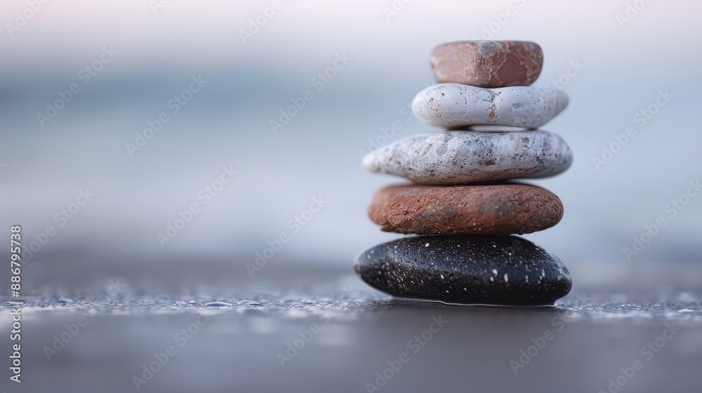A serene photograph of perfectly balanced stacked stones on a beach, captured in soft lighting, evoking feelings of peace, calmness, and zen amid nature’s beauty. A serene photograph of perfectly balanced stacked stones on a beach, captured in soft lighting, evoking feelings of peace, calmness, and zen amid nature’s beauty.