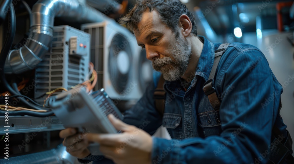 A man is working on a machine with a tablet in his hand A man is working on a machine with a tablet in his hand