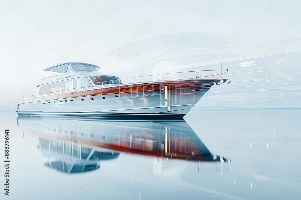 Luxury yacht on calm water, sleek and modern design, reflecting the sky. Luxury yacht on calm water, sleek and modern design, reflecting the sky.