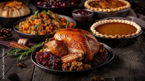 A Thanksgiving feast featuring a roasted turkey centerpiece, surrounded by traditional side dishes like stuffing, cranberry sauce, and pies, displayed on a rustic table.