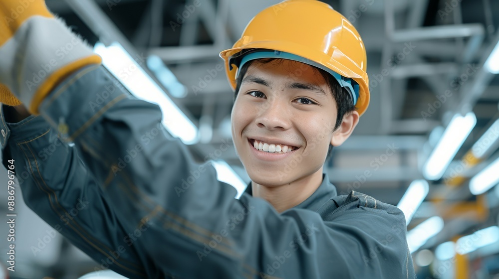 Mechanic smiling while repairing a car in an auto shop representing ...