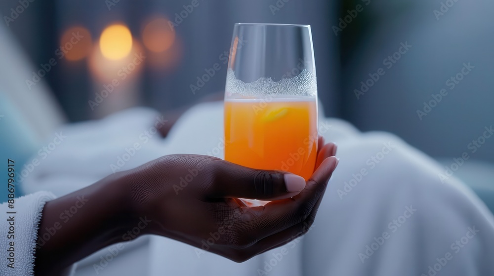 Closeup of a hand holding a glass of orange juice in a spa setting. Closeup of a hand holding a glass of orange juice in a spa setting.