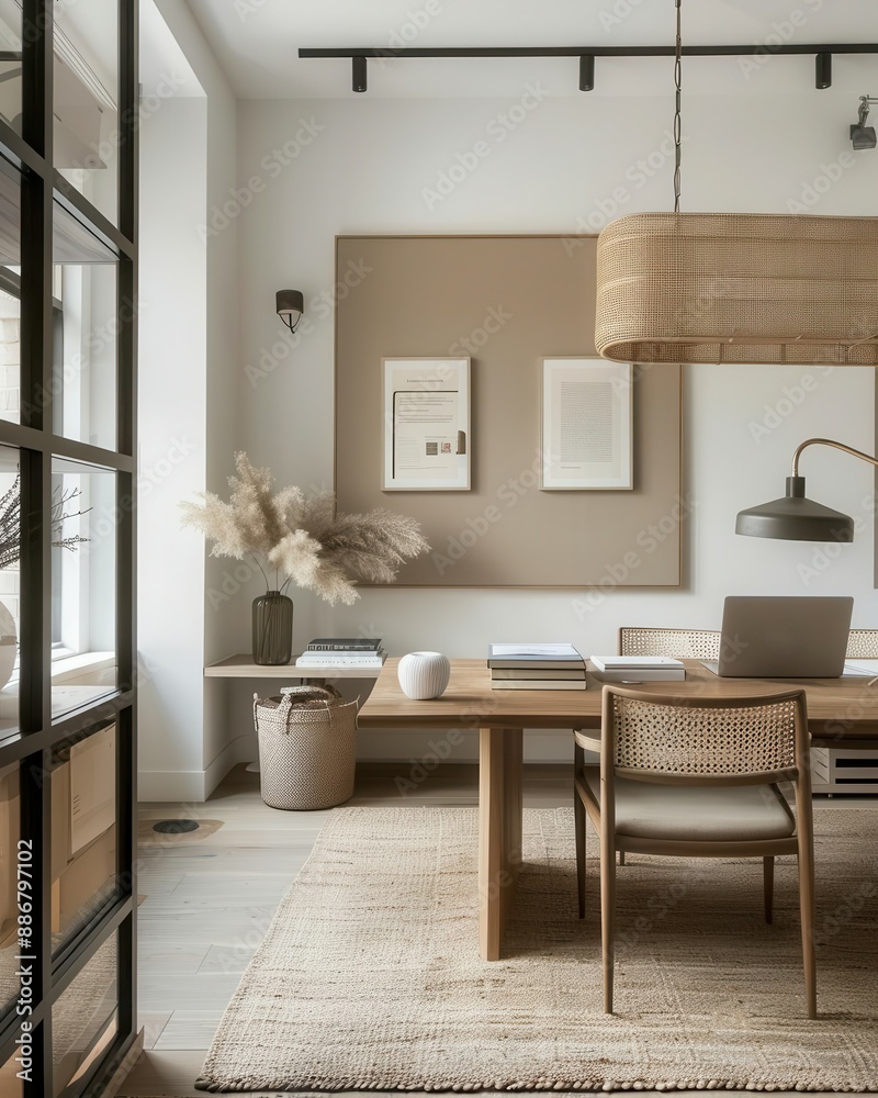Fototapeta premium Minimalist home office with natural light and wooden furniture