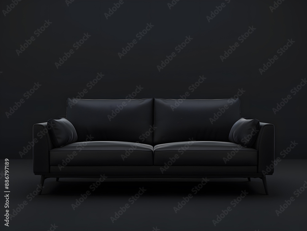 Fototapeta premium Black chic soft comfortable sofa on a black plain background Neural network AI generated art