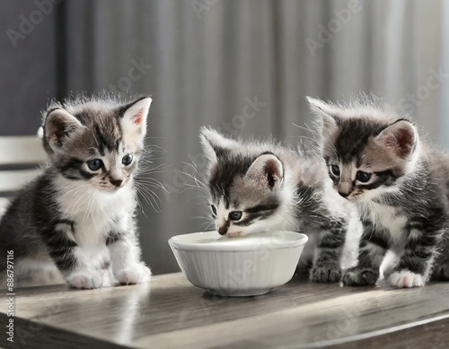 Małe kotki pijące mleko z miski