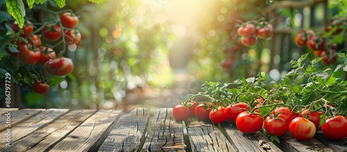 Fresh red tomatoes placed on a wooden table with a backdrop of a wooden fence and trees, creating a rustic setting with copy space image, emphasizing a vegetarian food concept. photo