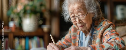 An elderly woman with glasses, focused on writing.