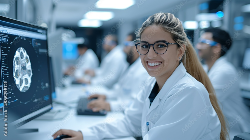 Researcher smiling while analyzing data on a computer in a lab representing dedication to research, discovery, and scientific inquiry Portrait, Realistic Photo, High resolution, Half-body picture, ,