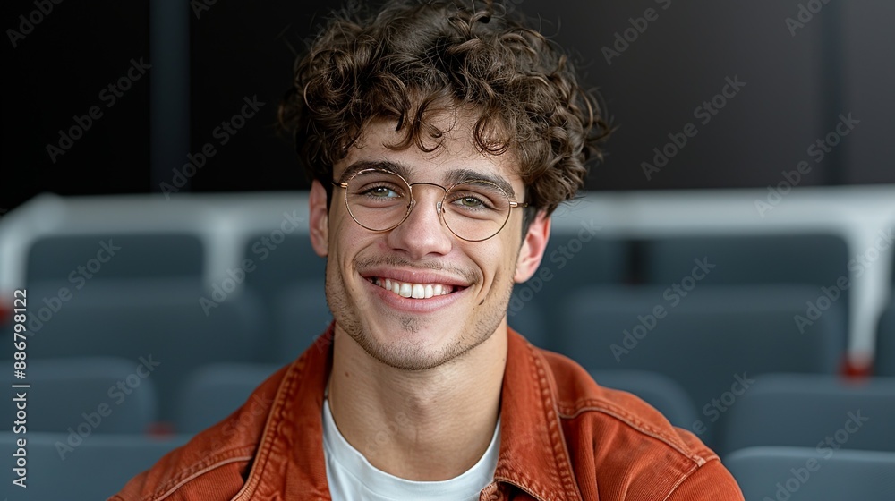 Actor smiling while rehearsing a scene in a theater representing performance, creativity, and passion for the arts Portrait, Realistic Photo, High resolution, Half-body picture, , Minimalism,