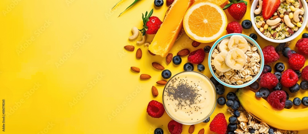 Top view copy space image displaying a nutritious breakfast for athletes, including fruits, oatmeal, yogurt, nuts, crispbreads, and chia seeds on a yellow background. Top view copy space image displaying a nutritious breakfast for athletes, including fruits, oatmeal, yogurt, nuts, crispbreads, and chia seeds on a yellow background.