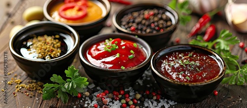 Sauce or seasoning used to enhance flavor, often added to dishes during or after cooking. photo