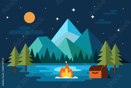 Summer night camping scene with bonfire in the forest. Lake shore with mountains