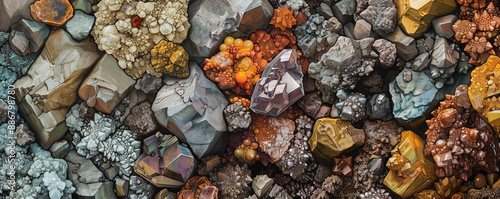 A detailed illustration of rare earth minerals in their raw form, with elements such as promethium
