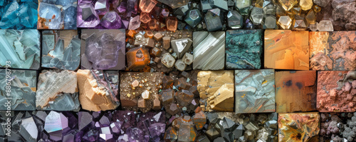 A rare earth mineral collage with elements such as praseodymium, lanthanum, and neodymium arranged in an artistic pattern. The varied colors and textures highlight the uniqueness of each mineral.