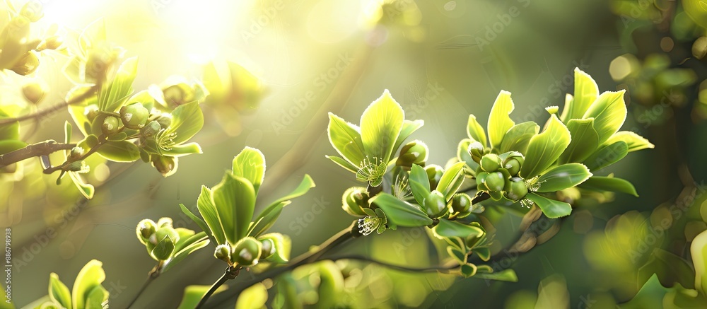Naklejka premium Fresh green buds with blossoming leaves, allowing sunlight to filter through.