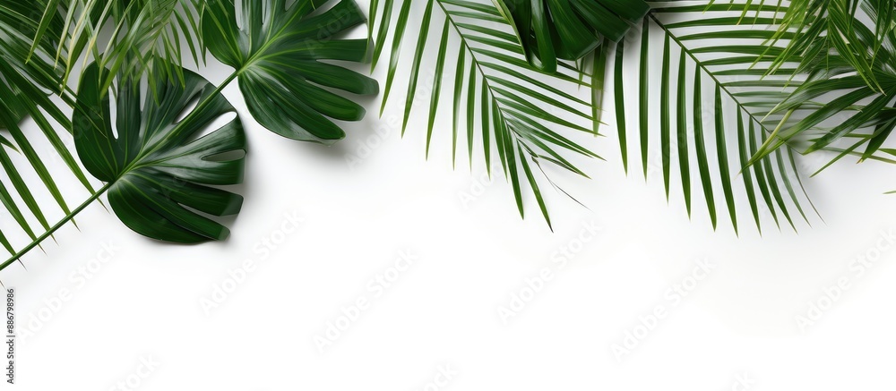 Tropical palm leaves set on a white background, epitomizing a summer theme with a flat lay perspective and top view accompanied by ample copy space for creative additions.