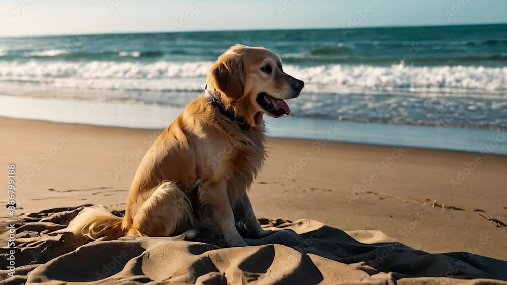 Golden Retriever Dog Sitting on the Beach by the Ocean Golden Retriever Dog Sitting on the Beach by the Ocean