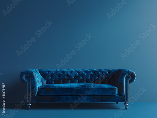 Blue luxury soft comfortable sofa on a blue plain background. Neural network AI generated art