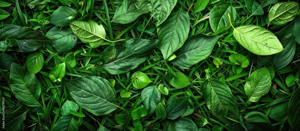 Green leaves scattered on the lush green grass, creating a serene and refreshing environment with ample copy space image. Green leaves scattered on the lush green grass, creating a serene and refreshing environment with ample copy space image.