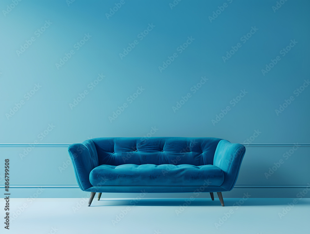 Fototapeta premium Blue luxury soft comfortable sofa on a blue plain background. Neural network AI generated art