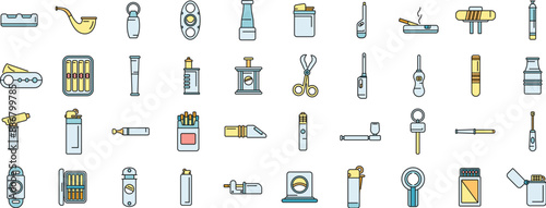 Cigarette and cigar accessories icons set outline vector. Box cutter. Pack burn thin line color flat on white