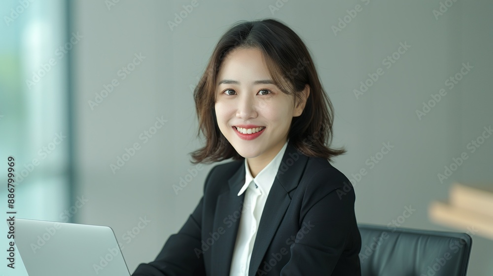 Asian businesswoman in a formal suit smiling while working on a laptop in a sleek office environment showcasing corporate success and professional confidence Portrait, Realistic Photo, High Asian businesswoman in a formal suit smiling while working on a laptop in a sleek office environment showcasing corporate success and professional confidence Portrait, Realistic Photo, High