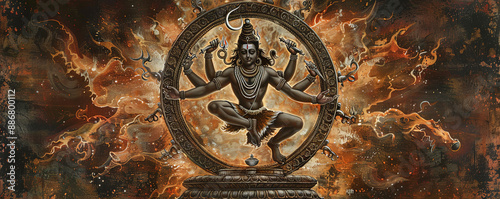 A detailed depiction of the cosmic dance of Lord Nataraja, the dancing form of Shiva, surrounded by photo