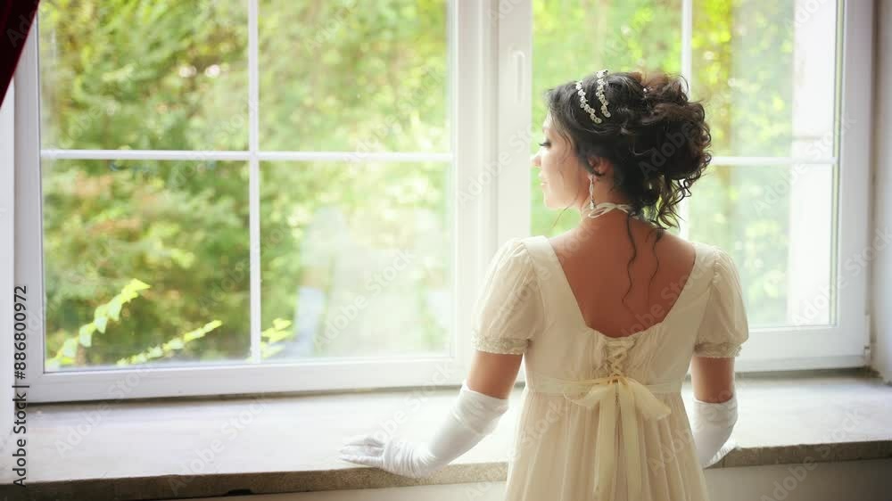 Retro woman looking out window, waiting for love. Fantasy fairy sexy lady Happy Princess girl, white silk vintage long dress old style ball gown, high bun black hair hairstyle back rear view. art 4k