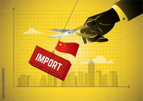 businessman hand with scissors cutting import cargo container