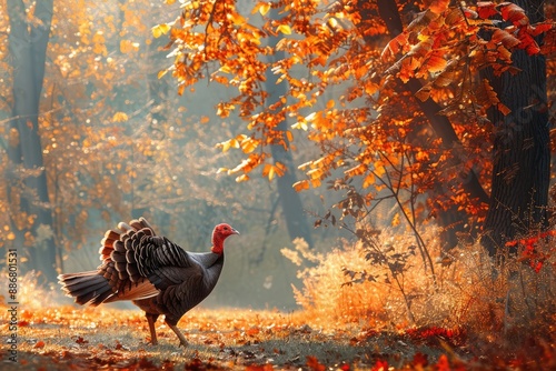 Turkey Walking in Autumn Forest 