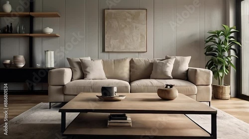 Minimalist Living Room with a Beige Sofa, Wooden Coffee Table, and Plant