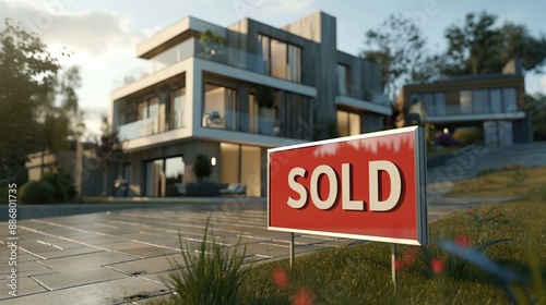 modern house with sold sign outside, in front of the house , representing successful property sales, real state business