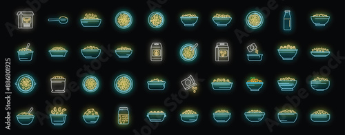 Breakfast cereal icons set outline vector. Granola snack. Bar cereal neon color on black