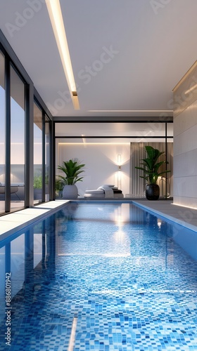 Modern indoor swimming pool with large windows and minimalist design. ©  Green Creator