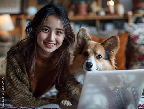 Asian woman lying on bed with corgi dog in front of laptop. 