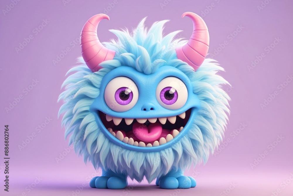 Naklejka premium Funny cute adorable fluffy furry 3D cartoon character monster portrait on isolated background. 