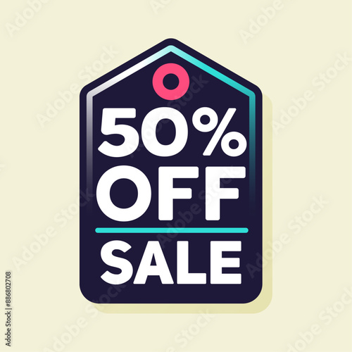 This bold tag displays "50% OFF SALE" in large, vibrant text. The eye-catching design is perfect for promoting half-price discounts and special sale events in retail settings.