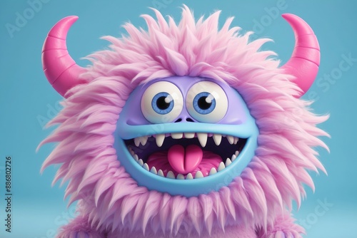Funny cute adorable fluffy furry 3D cartoon character monster portrait on isolated background.
