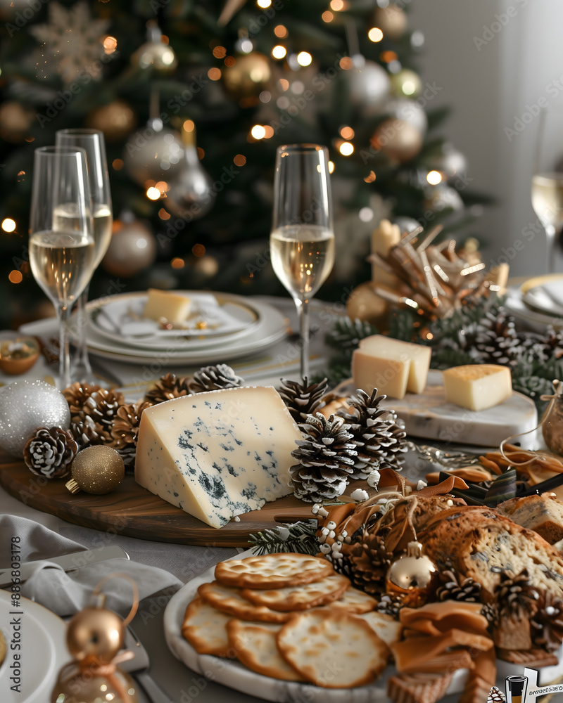 Elegant Christmas Cheese Platter with Champagne and Festive Decor Elegant Christmas Cheese Platter with Champagne and Festive Decor