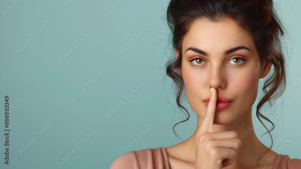 Young Woman Gesturing Silence with Finger on Lips Against Blue Background Young Woman Gesturing Silence with Finger on Lips Against Blue Background
