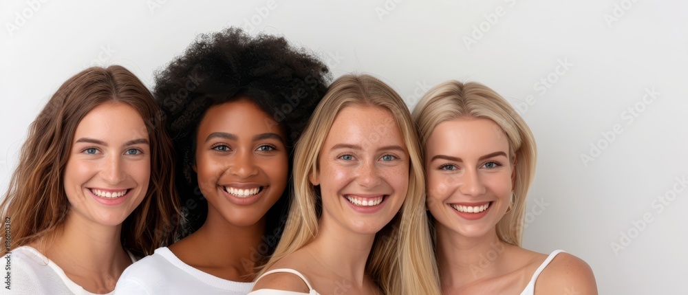 Women smile sideways at camera in a group Women smile sideways at camera in a group