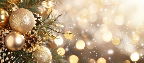 Festive garland featuring gold balls for text on a copy space image. photo