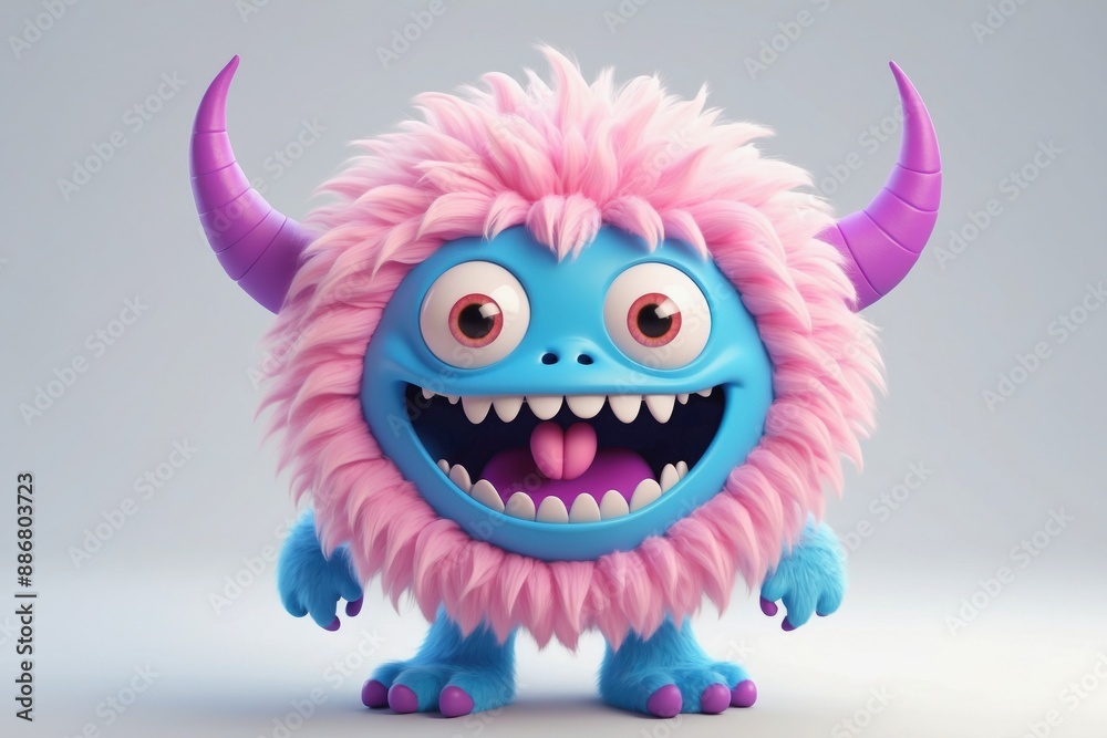 Naklejka premium Funny cute adorable fluffy furry 3D cartoon character monster portrait on isolated background. 