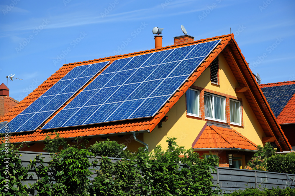 Fototapeta premium Close-up shot of solar panels on roof of contemporary house. Clean energy solution for sustainable living. Renewable power generation. Green energy technology.